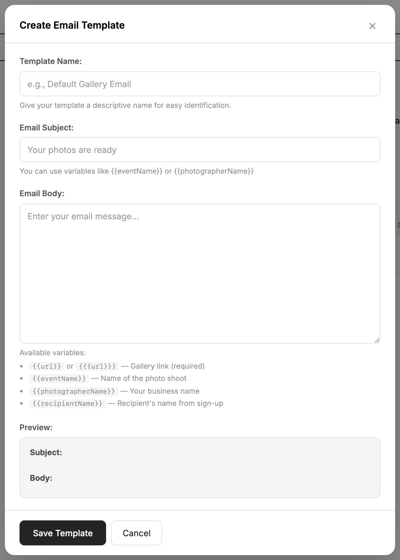 Email template editor with available variables